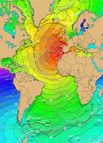 Epicenter and tsunami arrival time, Lisbon earthquake 1755.