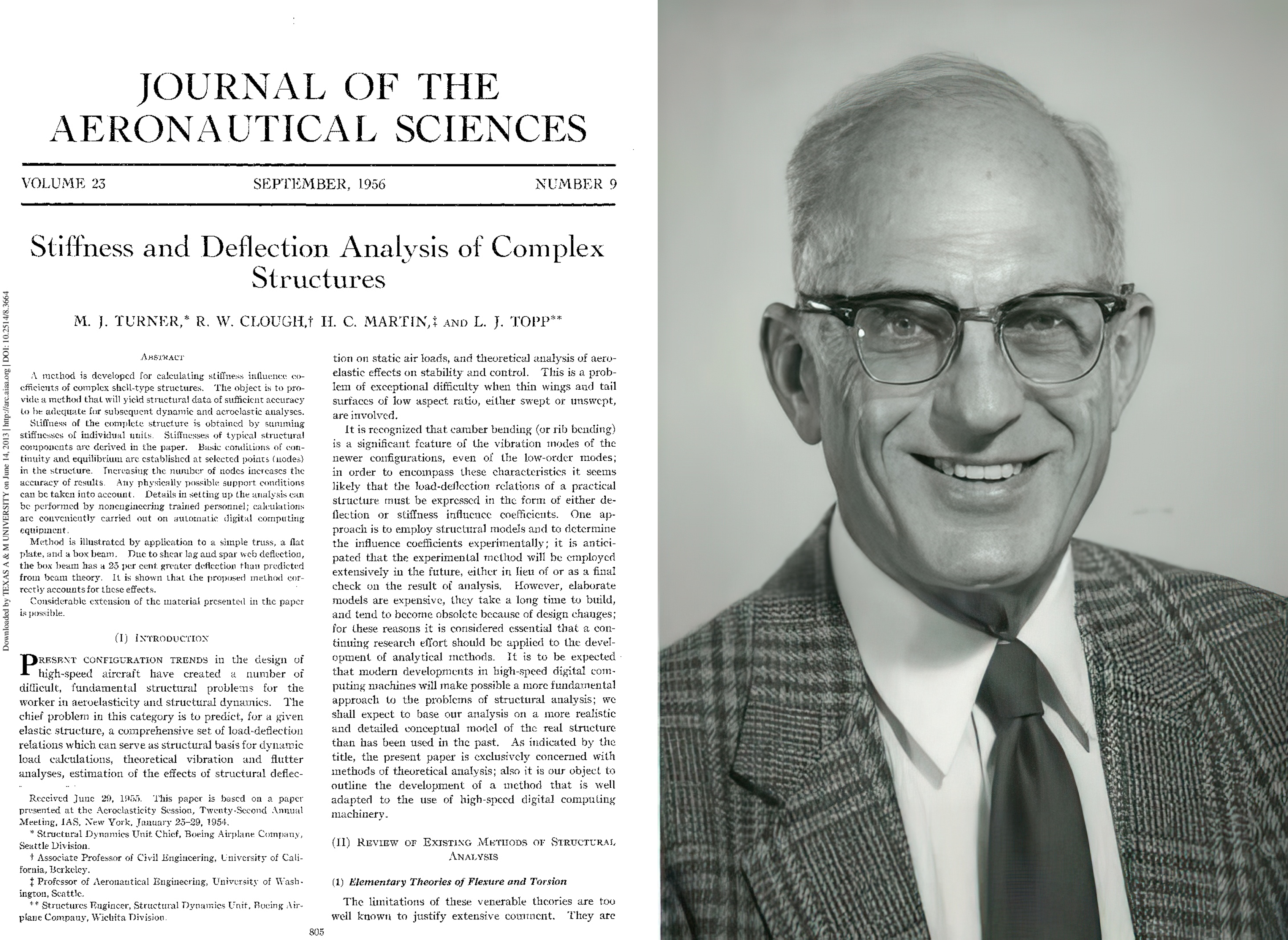 Left: Cover of the paper 'Stiffness and Deflection Analysis of Complex Structures' published in the Journal Of The Aeronautical Sciences. Right: Photograph of civil engineer Ray William Clough, one of the founders of FEM.