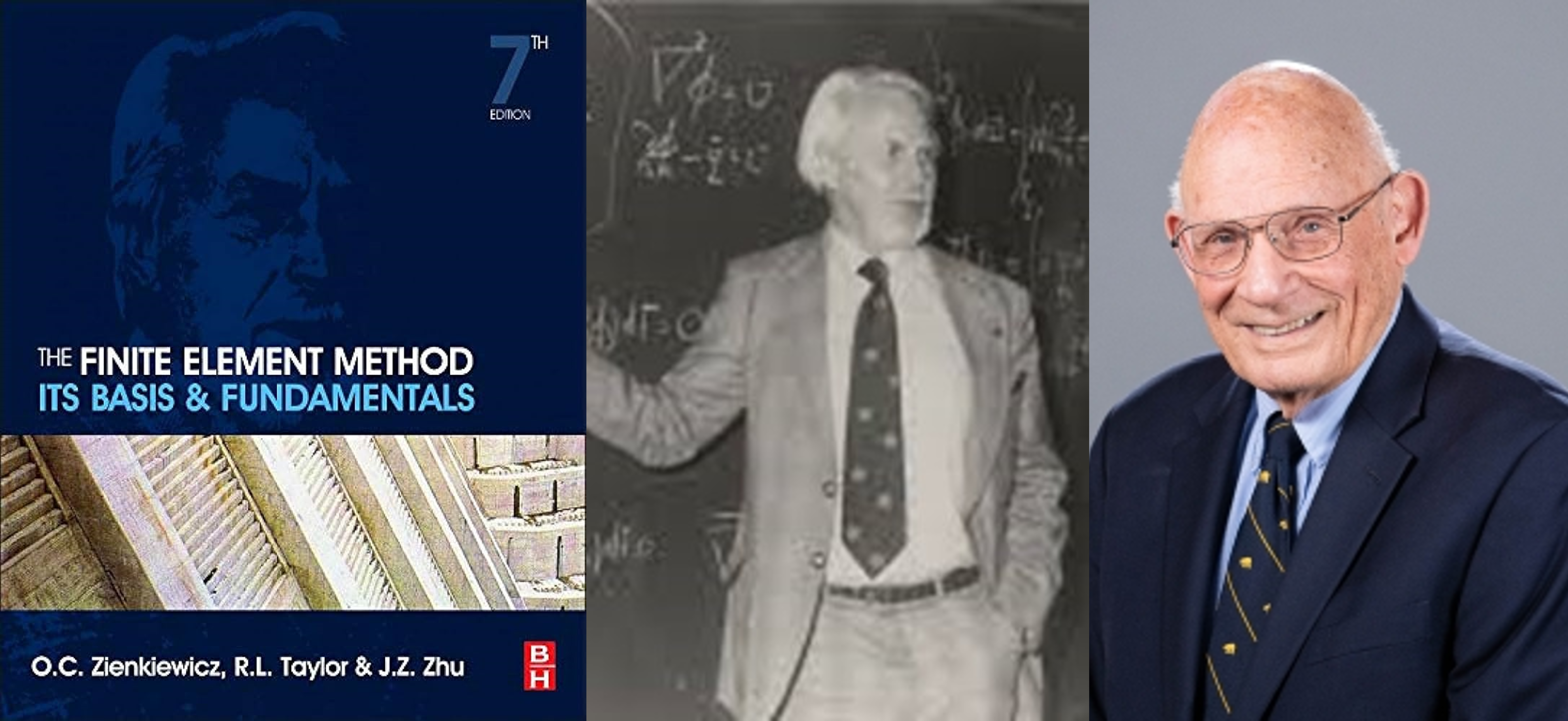 Left to right: Cover of the book 'The Finite Element Method.' Photograph of civil engineer Olgierd Zienkiewicz followed by civil engineer Robert L. Taylor.