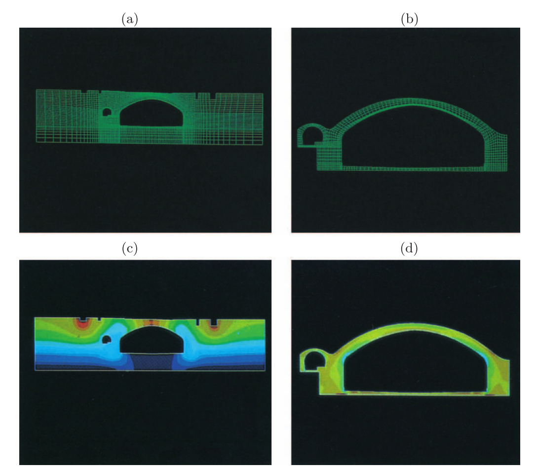 Underground tunnel. a) Serendipity quadrilateral mesh with 8 nodes, b) Mesh detail, c) Total displacement contours for self-weight load plus adjacent buildings' weight, d) Detail of minor principal stress contours. Taken from '(Oñate, E. 2009)'.